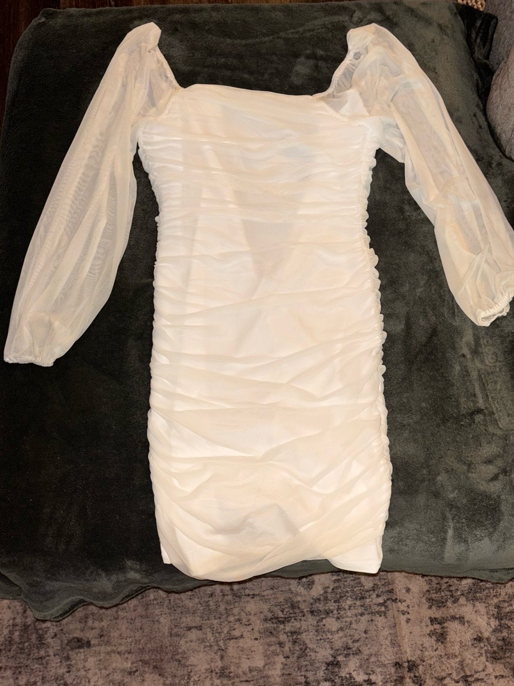 White Sheer-Sleeve Ruched Bodycon Dress